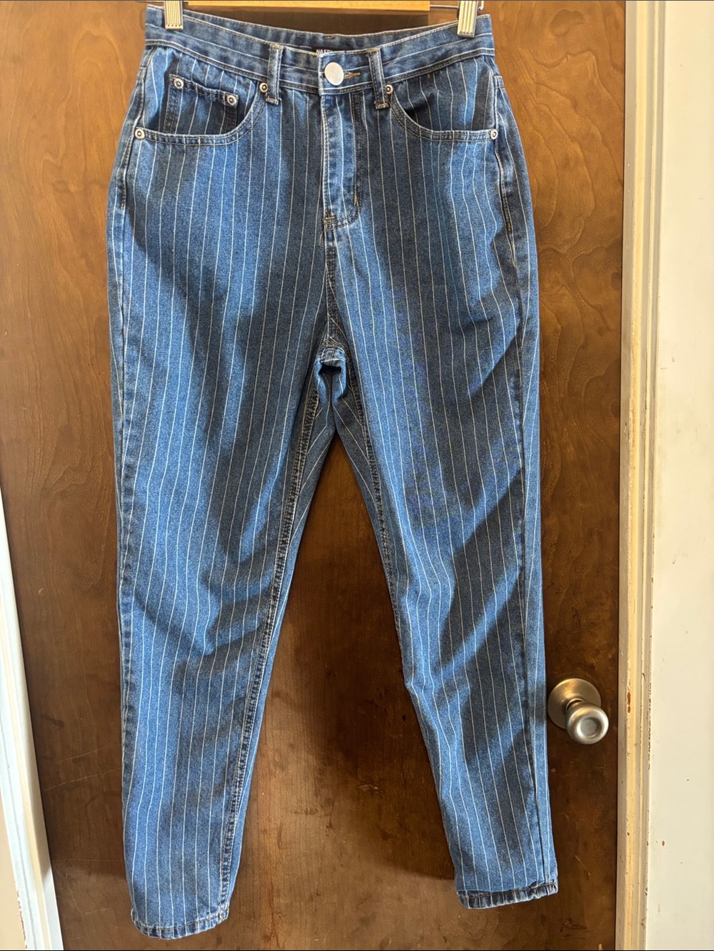 Nasty Gal Blue Pinstripe Slim Straight Jeans